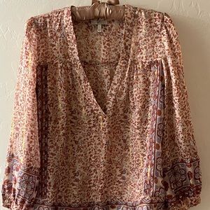 Plunging iridescent gold patch purple blouse